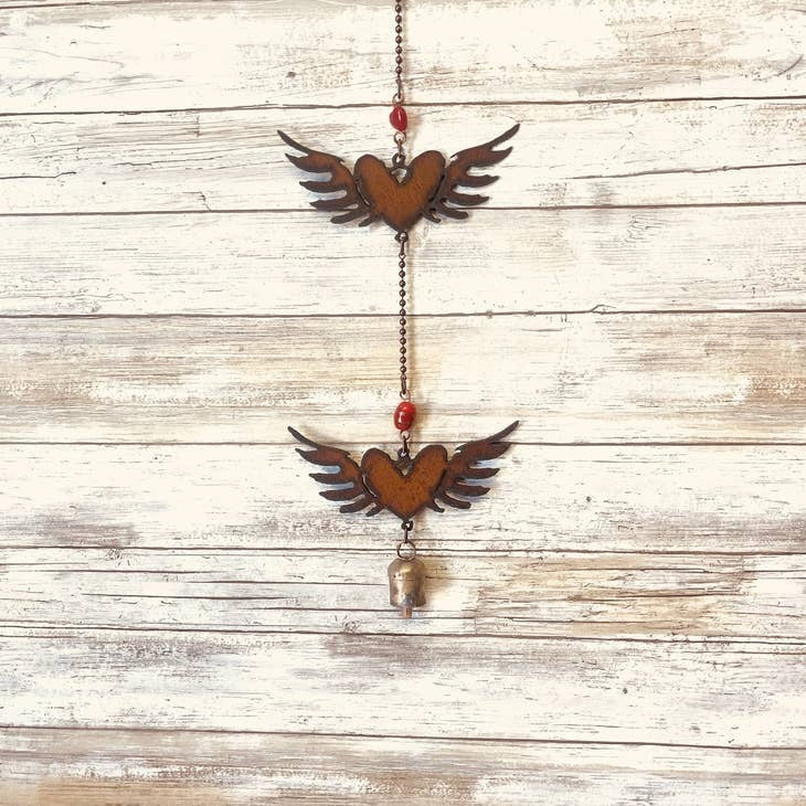 Heart with Wings Double Rusty Metal Bell Chime