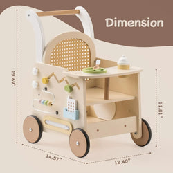 Wooden Baby Walker with Activity Center & Safety Brake