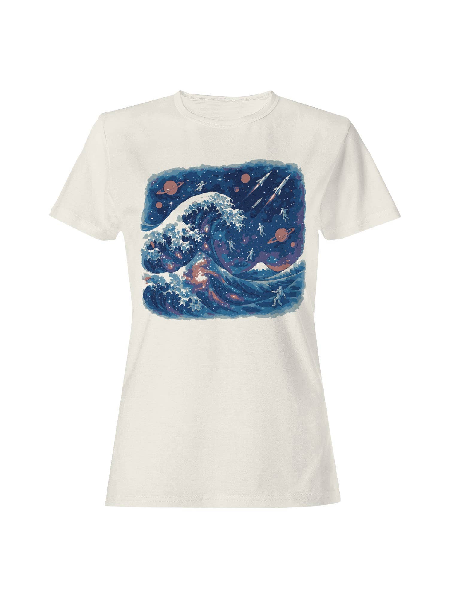 Cosmic Wave Odyssey: Astronauts and Planets Women's T-Shirt