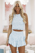 Sideline Print Top and Skort Set - Blue and White