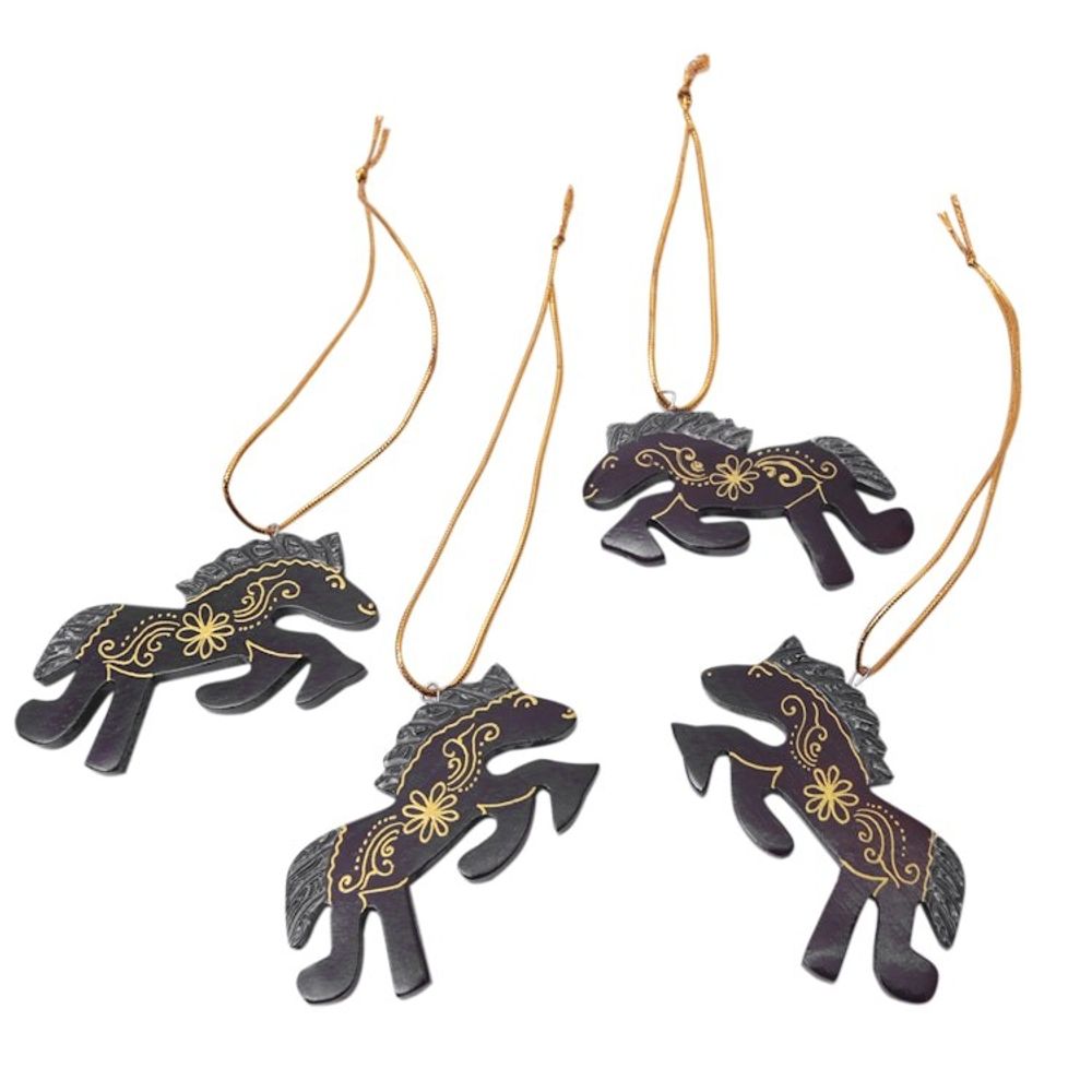 Set of 4 Handmade Mahogany Wood Horse Ornaments from Bali 'Little Horses'