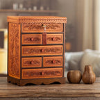 Handcrafted Traditional Brown Wood and Leather Jewelry Box 'Baroque Secrets'
