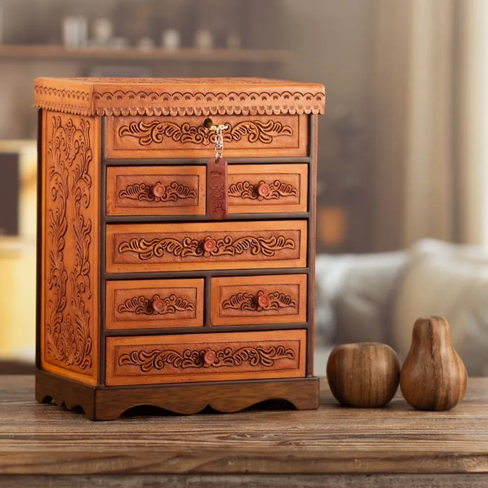 Handcrafted Traditional Brown Wood and Leather Jewelry Box 'Baroque Secrets'