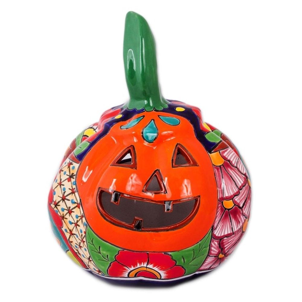 Talavera-Style Ceramic Jack-O-Lantern Candle Holder 'Floral Jack-O-Lantern'