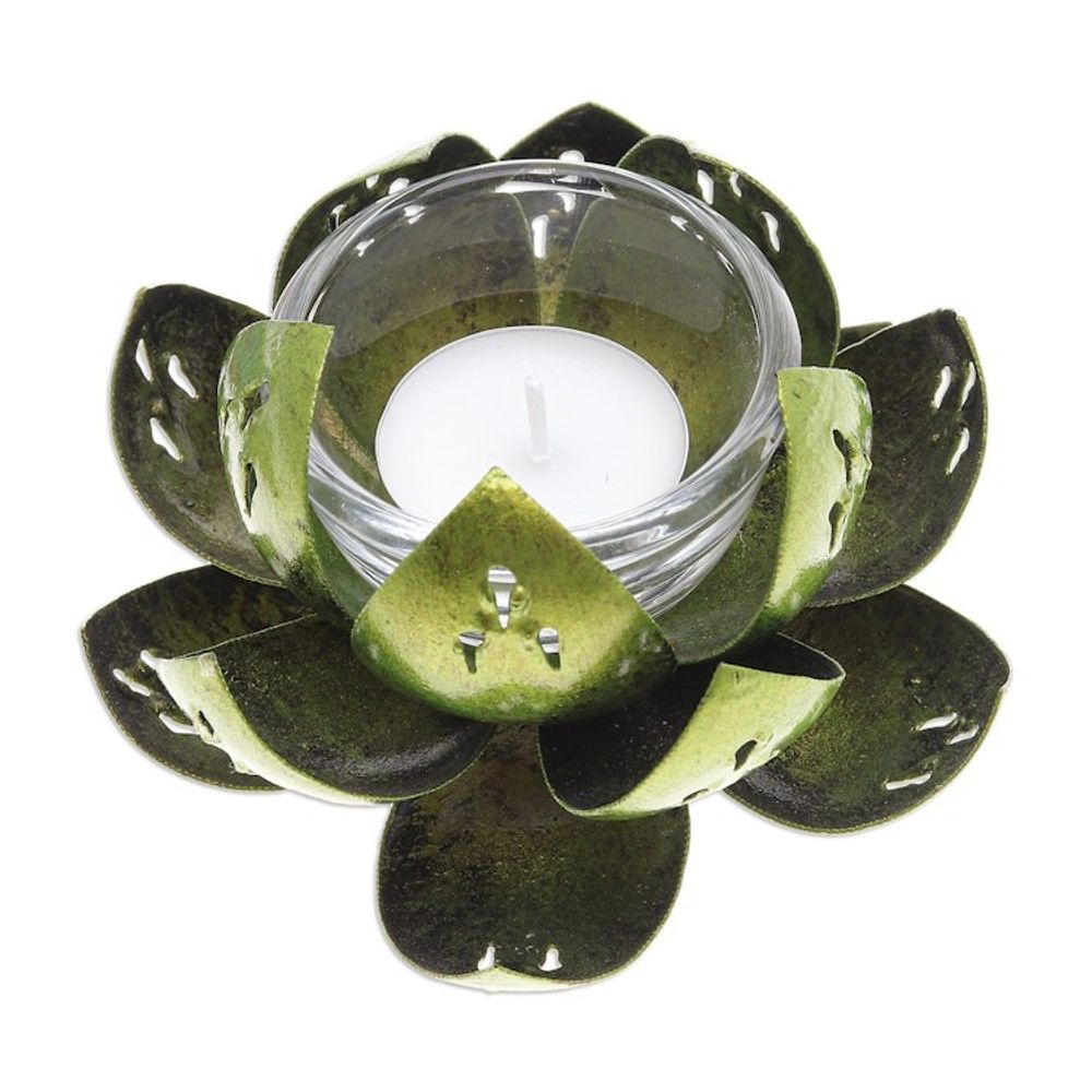 Handcrafted Light Green Steel Lotus Flower Tealight Holder 'Precious Lotus in Light Green'