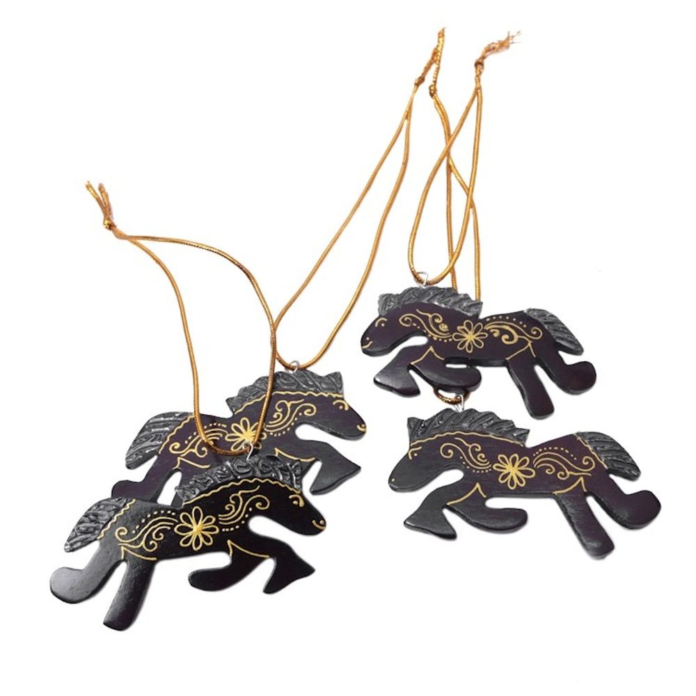 Set of 4 Handmade Mahogany Wood Horse Ornaments from Bali 'Little Horses'