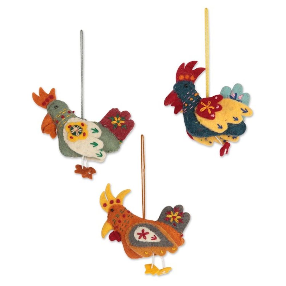 Handmade Wool Felt Ornaments Set of 3 'Three French Hens'