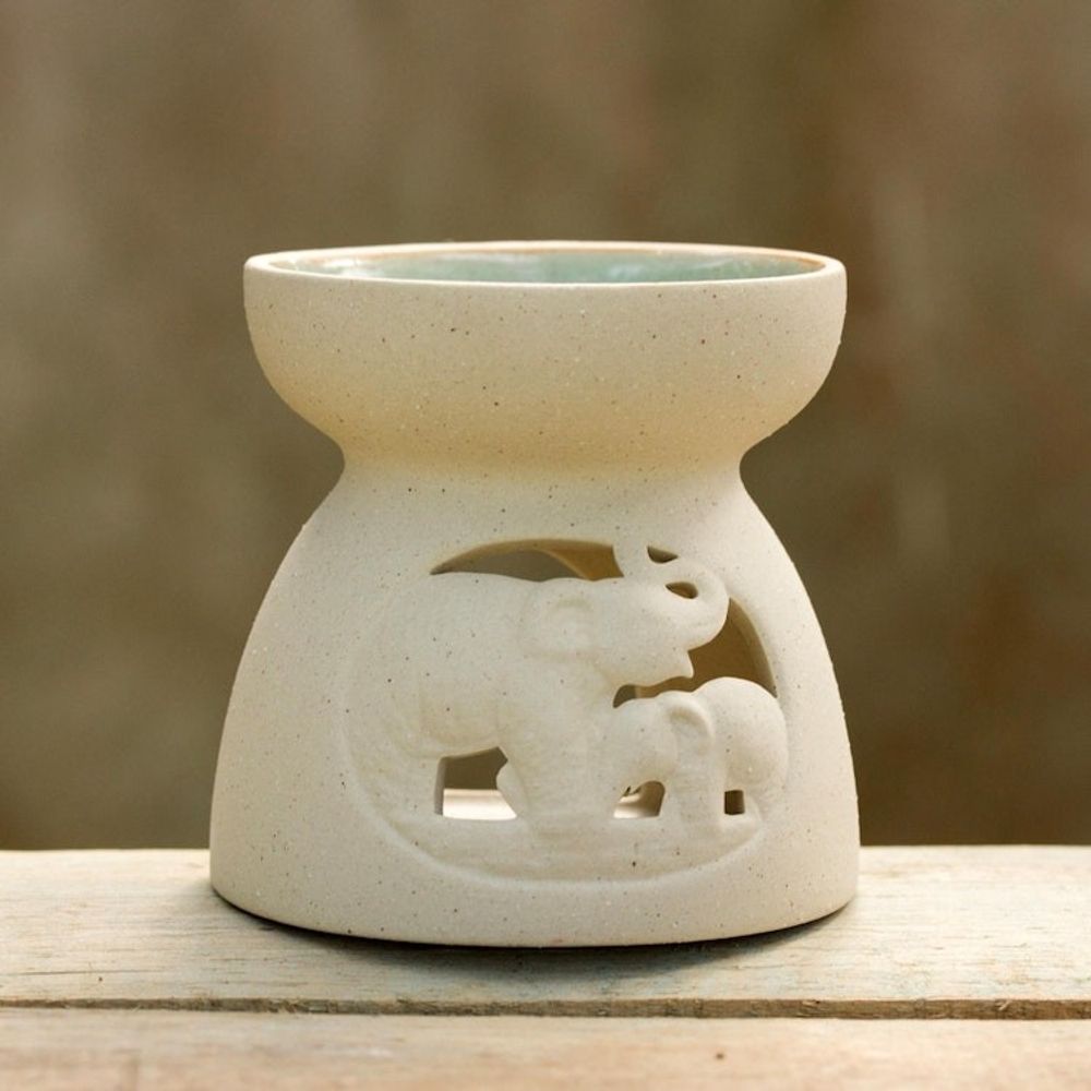 Ceramic Oil Warmer with Elephant Carving from Thailand 'Mother and Child Elephant'