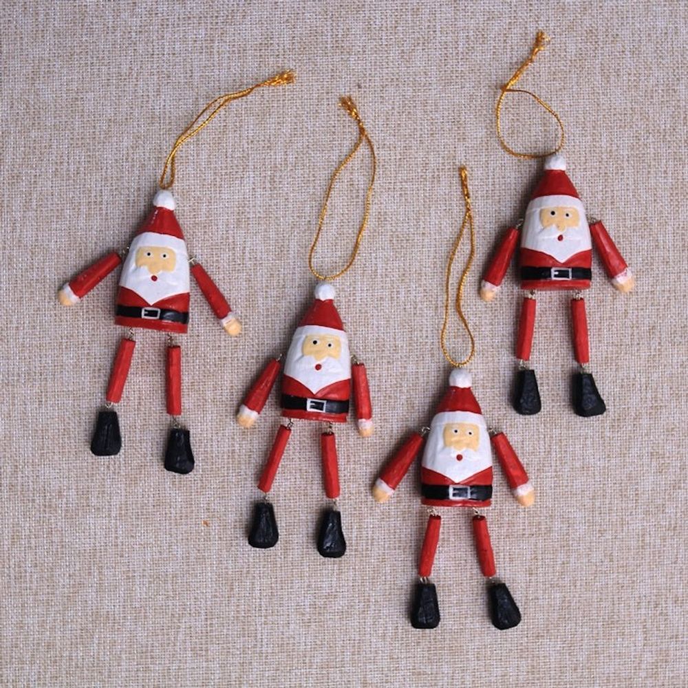 Dangling Wood Santa Ornaments from Bali Set of 4 'Dancing Santas'