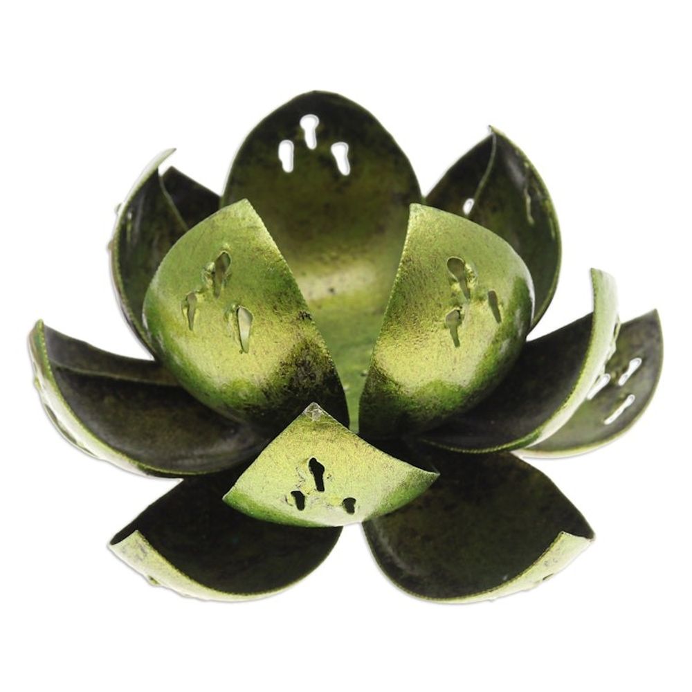 Handcrafted Light Green Steel Lotus Flower Tealight Holder 'Precious Lotus in Light Green'