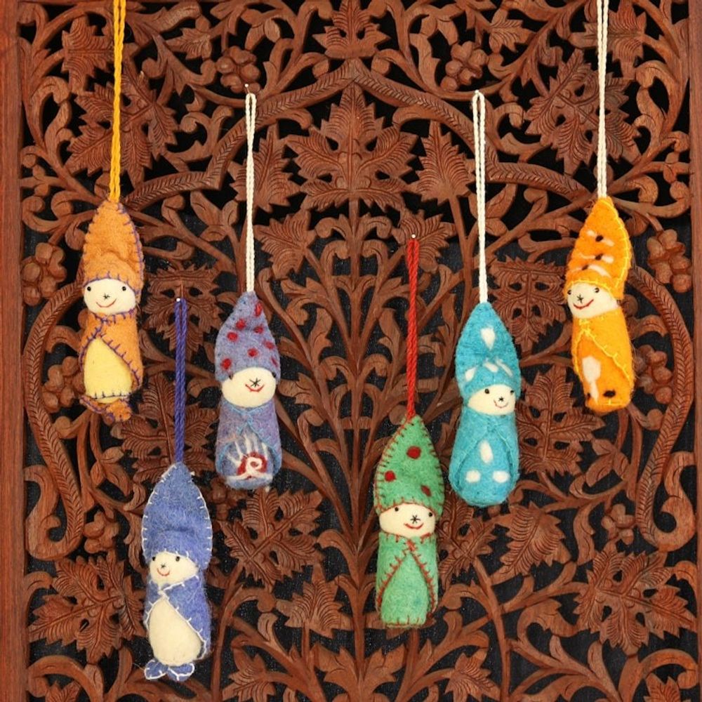 Set of 6 Handmade Wool Ornaments from India 'Babies in Snowsuits'