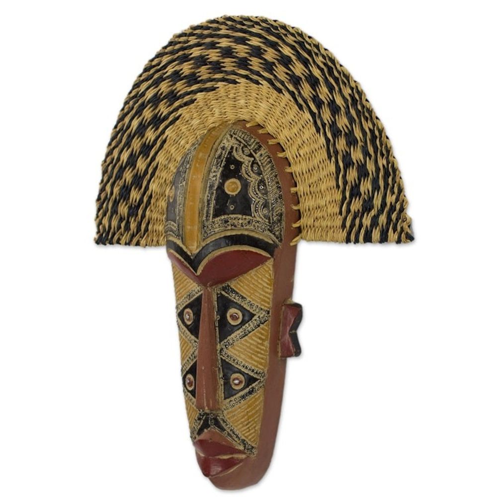 Hand Made African Mask with Wood and Raffia Accents 'Prosper'