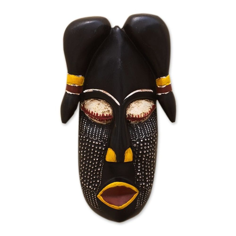 African Wood Mask with Embossed Aluminum from Ghana 'Mighty Horns'