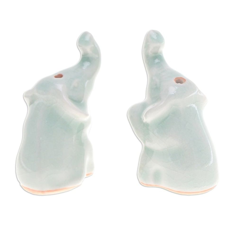 Pair of Elephant-Shaped Celadon Ceramic Incense Holders 'Elephant Enchantment'