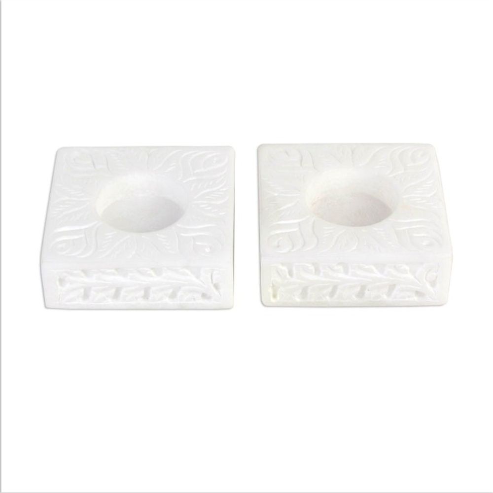 Square Marble Tealight Holder with Engraved Vines Pair 'White Garden'