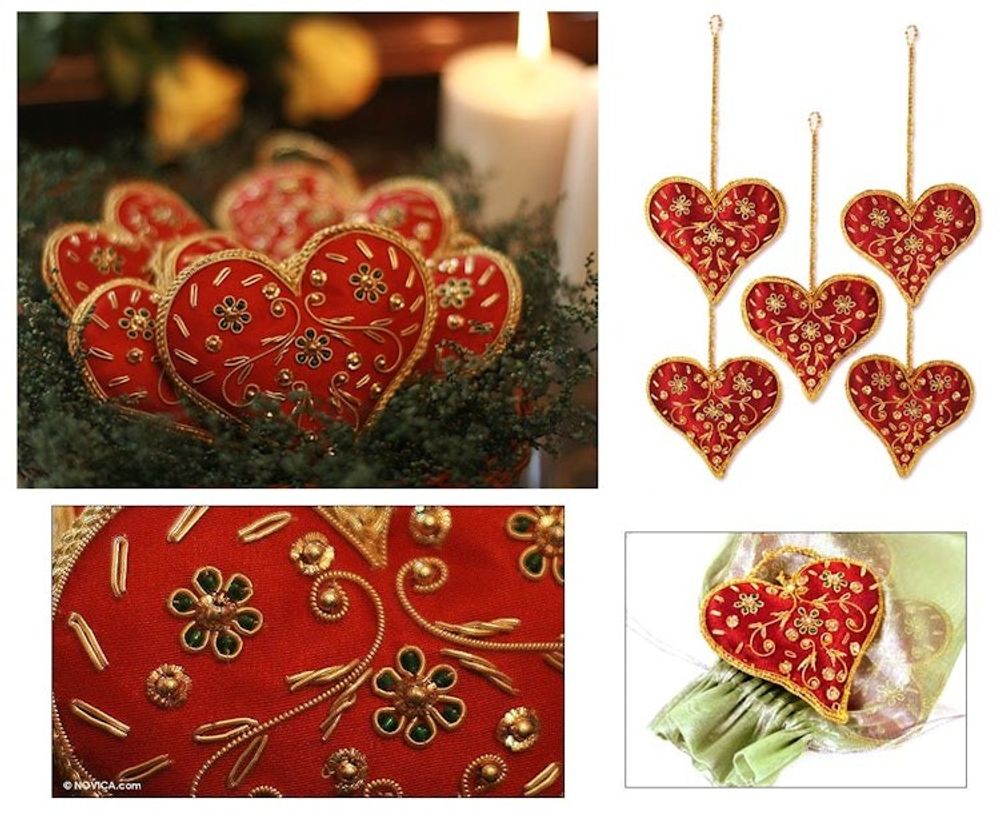 Red Heart Shaped Beaded Ornaments from India Set of 5 'Red Velvet Heart'