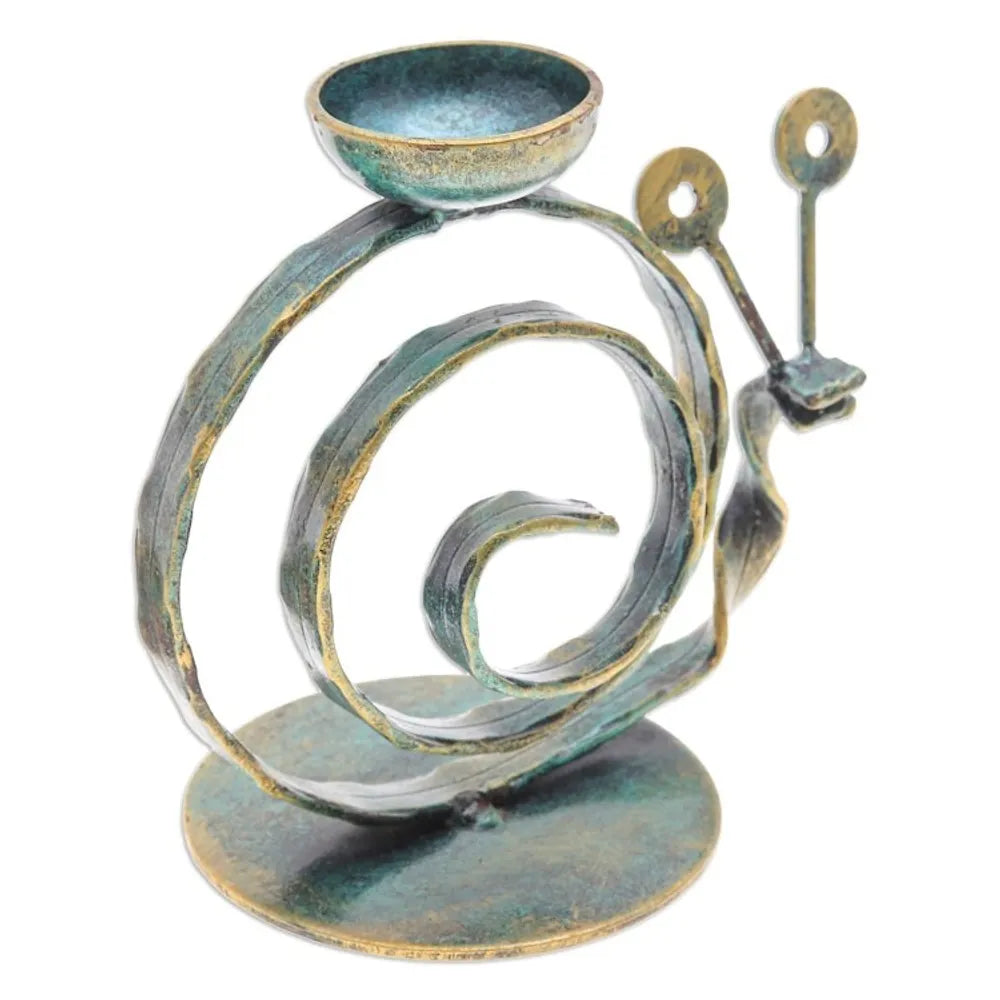 Handcrafted Iron Snail Tealight Holder with Antique Finish 'Happy Snail in Green'