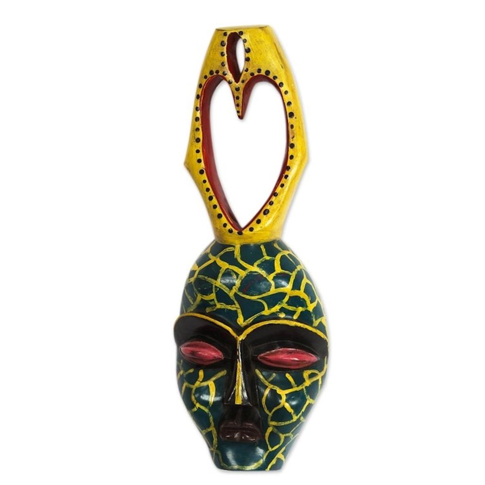 Yellow and Green Heart-Themed African Wood Mask from Ghana 'Yellow Veins'