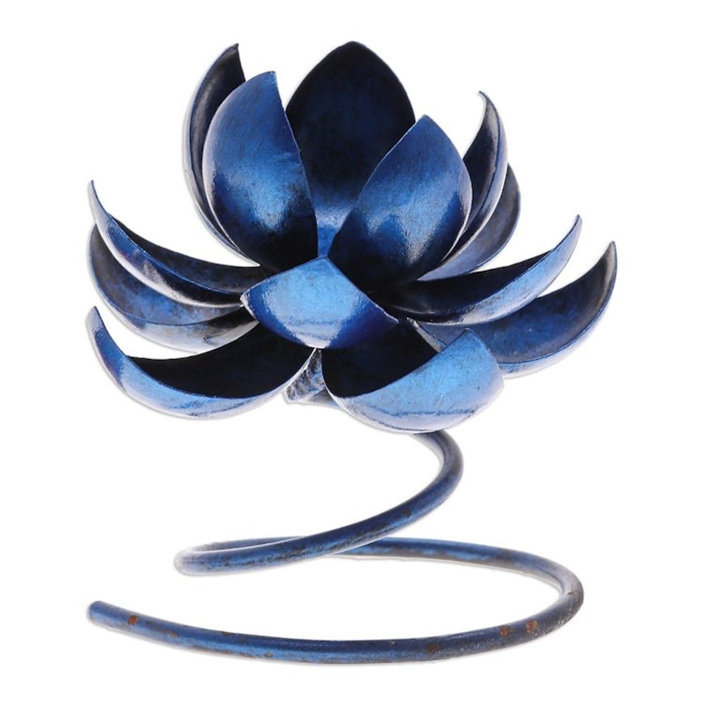 Handmade Steel Iron Lotus Flower Tealight Holder in Blue 'Lotus Flame in Blue'