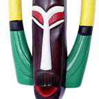 Hand-Painted African Wood Mask with Bird Accent on Top 'Bird Essence'