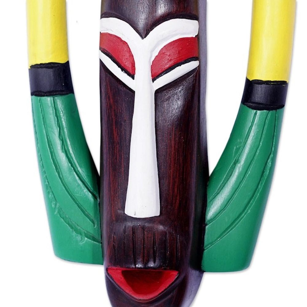 Hand-Painted African Wood Mask with Bird Accent on Top 'Bird Essence'