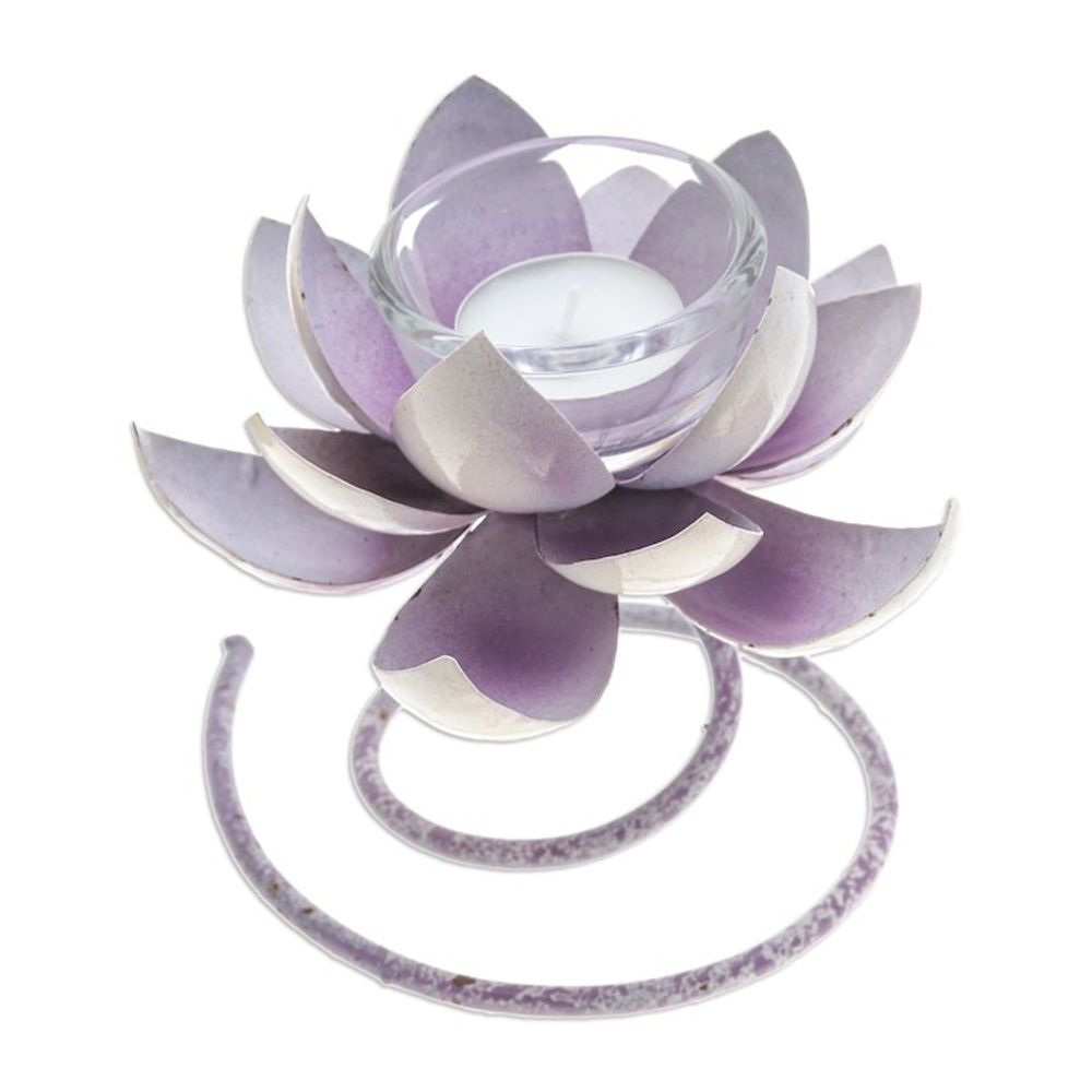 Handmade Steel Iron Lotus Flower Tealight Holder in Purple 'Lotus Flame in Purple'