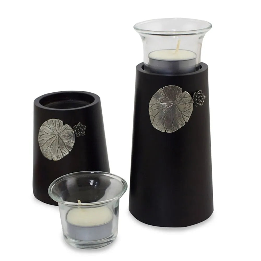 Wood and pewter candleholders Pair 'Lotus Light'