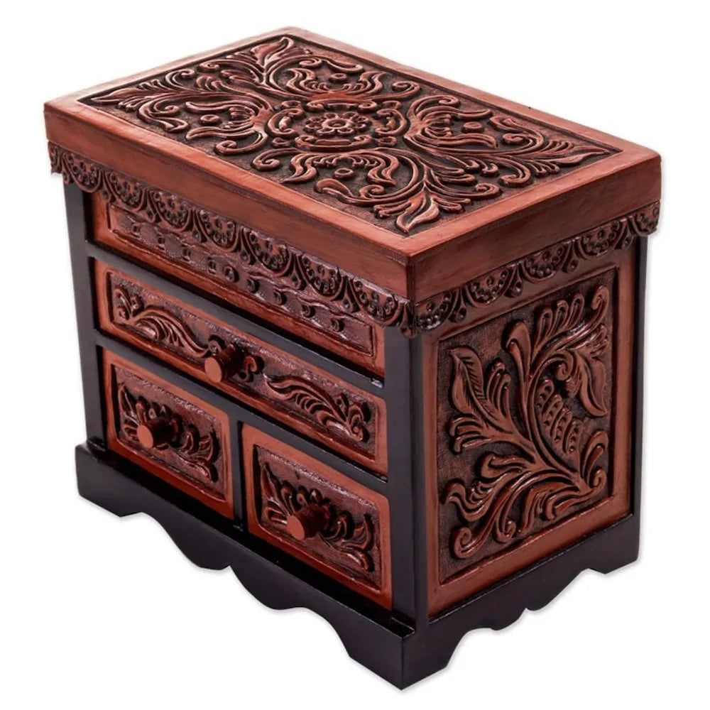 Cedar Wood and Leather Jewelry Box with Mirror from Peru 'Symbolic Leaves'