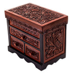 Cedar Wood and Leather Jewelry Box with Mirror from Peru 'Symbolic Leaves'