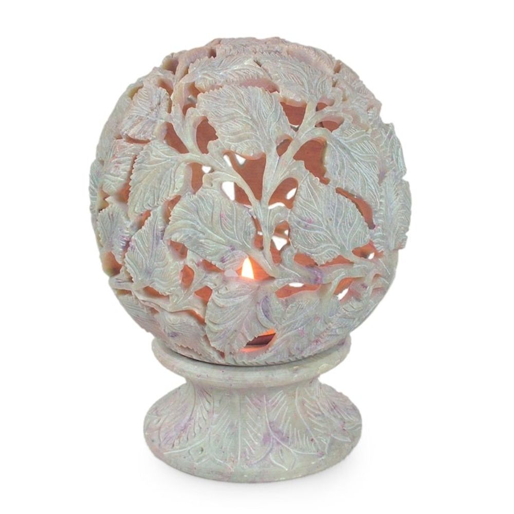 Handcrafted Soapstone Leaf and Tree Candle Holder 'Light the World'