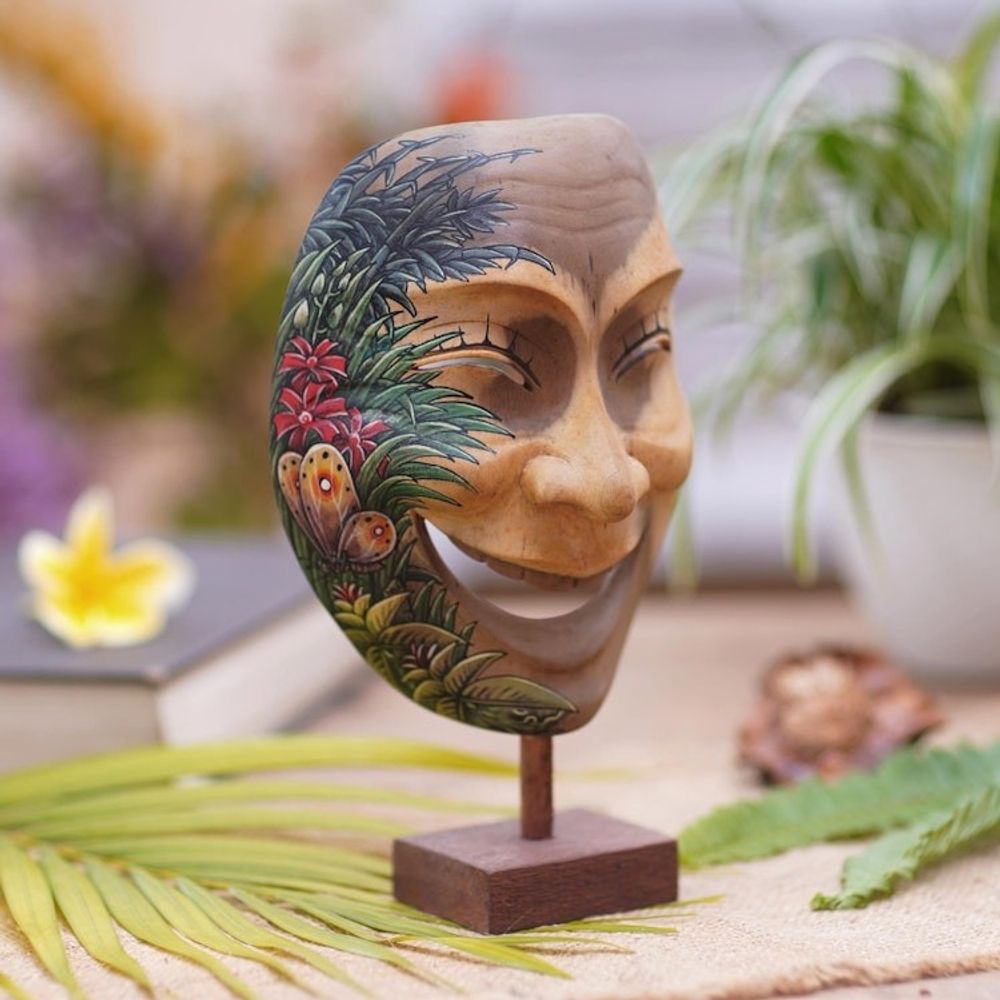 Balinese Handcrafted Hibiscus Wood Mask Butterfly Motif 'Gleeful Smile'