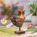 Balinese Handcrafted Hibiscus Wood Mask Butterfly Motif 'Gleeful Smile'