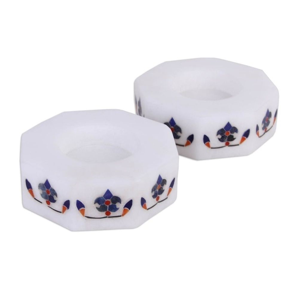 Octagon Marble Tealight Holders with Blue Buds Pair 'Floral Alliance in Blue'