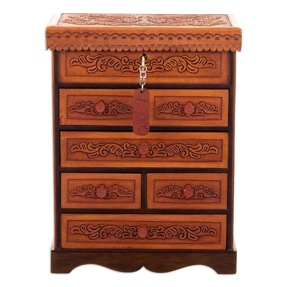 Handcrafted Traditional Brown Wood and Leather Jewelry Box 'Baroque Secrets'