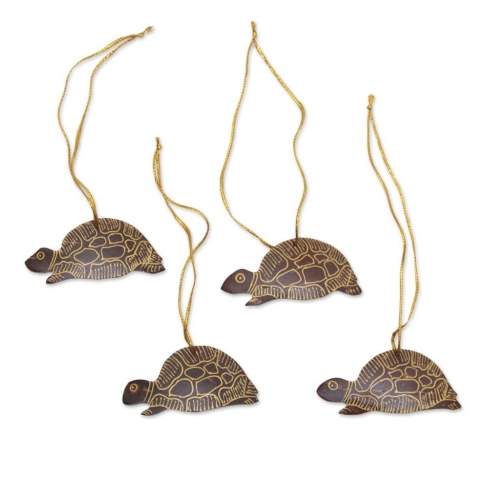 Set of 4 Handmade Brown Coconut Shell Turtle Ornaments 'Royal Turtle'