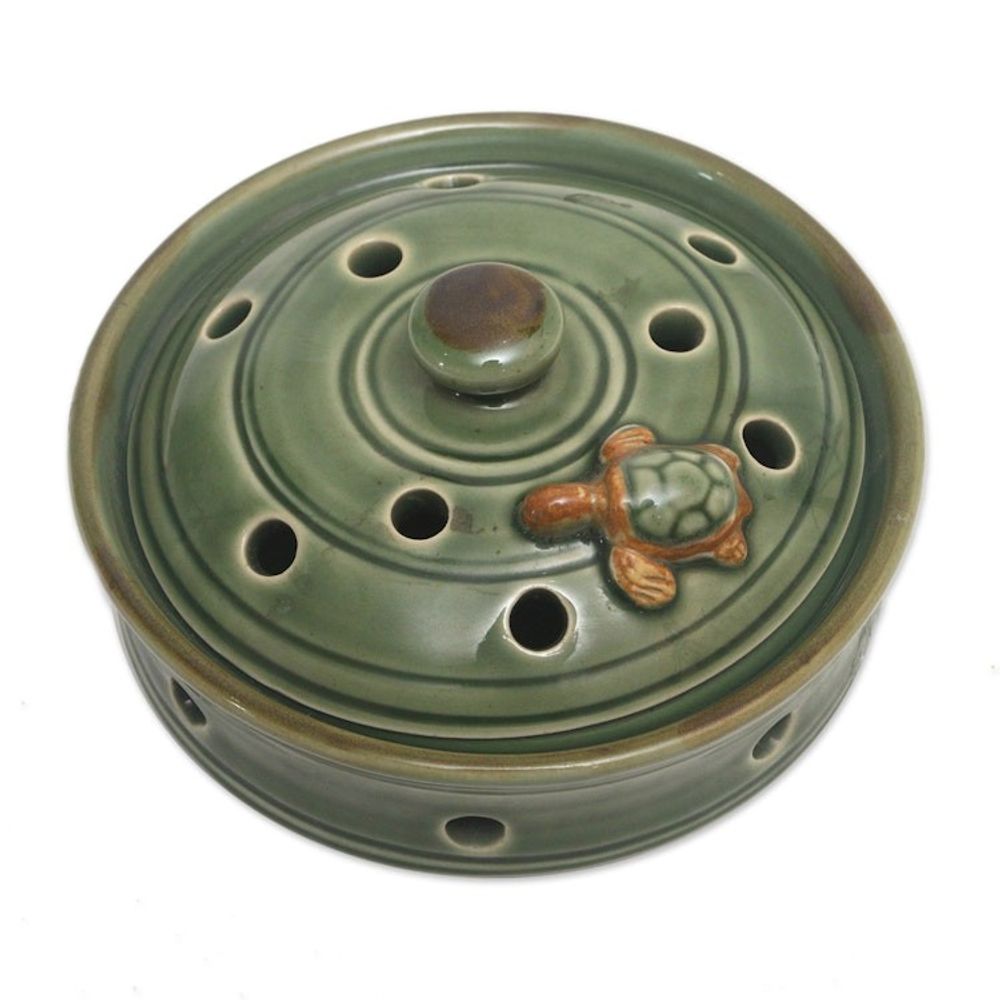 Green Handmade Turtle-Themed Porcelain Mosquito Coil Holder 'Turtle with Polka Dots'