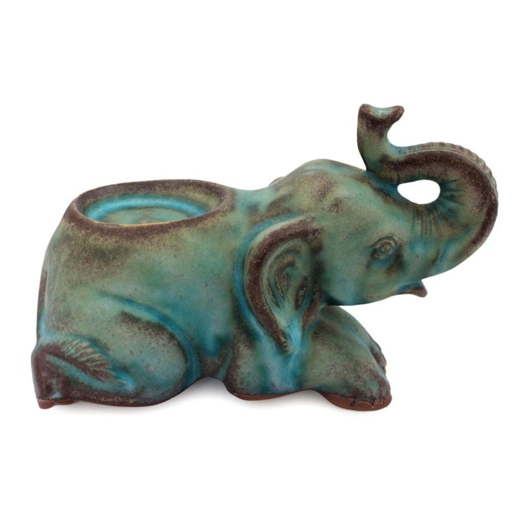 Celadon Ceramic Tea Light Holder from Thailand 'Reclining Turquoise Elephant'