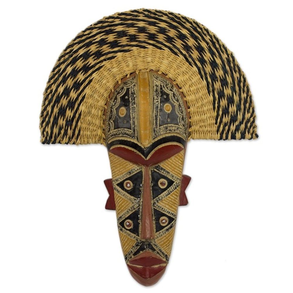 Hand Made African Mask with Wood and Raffia Accents 'Prosper'