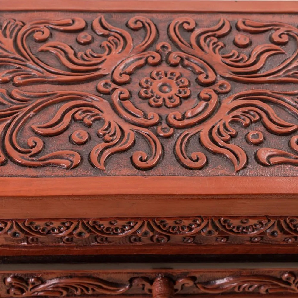 Cedar Wood and Leather Jewelry Box with Mirror from Peru 'Symbolic Leaves'