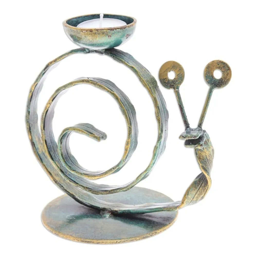 Handcrafted Iron Snail Tealight Holder with Antique Finish 'Happy Snail in Green'