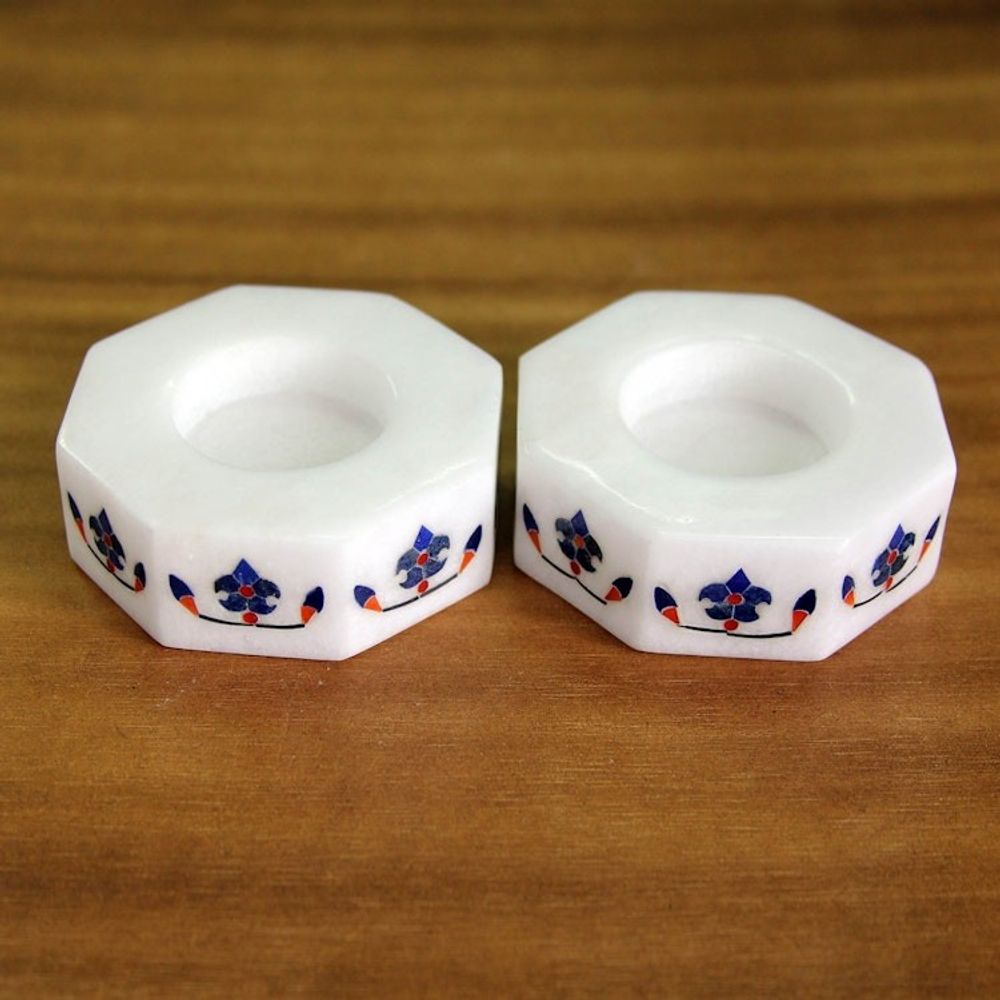 Octagon Marble Tealight Holders with Blue Buds Pair 'Floral Alliance in Blue'