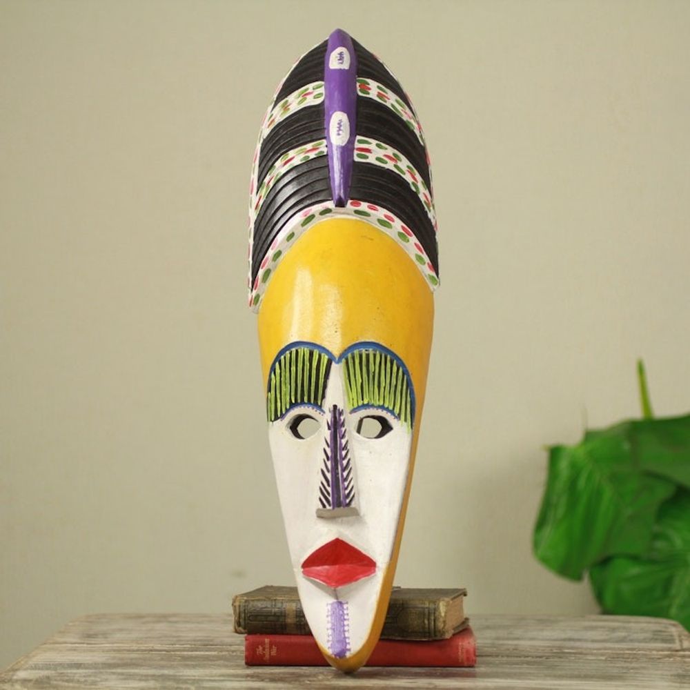 Painted African Wood Mask of Akan Woman Crafted by Hand 'Obaa Yaa'
