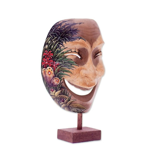 Balinese Handcrafted Hibiscus Wood Mask Butterfly Motif 'Gleeful Smile'