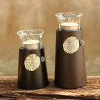 Wood and pewter candleholders Pair 'Lotus Light'