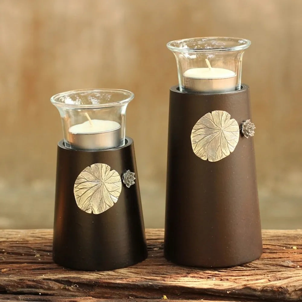 Wood and pewter candleholders Pair 'Lotus Light'