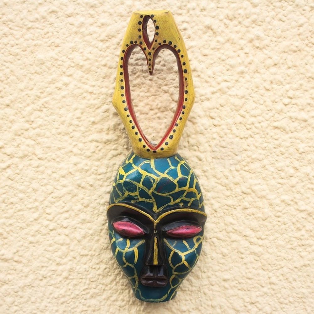 Yellow and Green Heart-Themed African Wood Mask from Ghana 'Yellow Veins'
