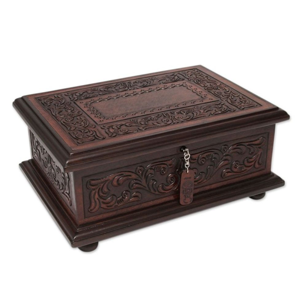 Peruvian Colonial Hand Tooled Brown Leather Jewelry Box 'Spanish Heritage'