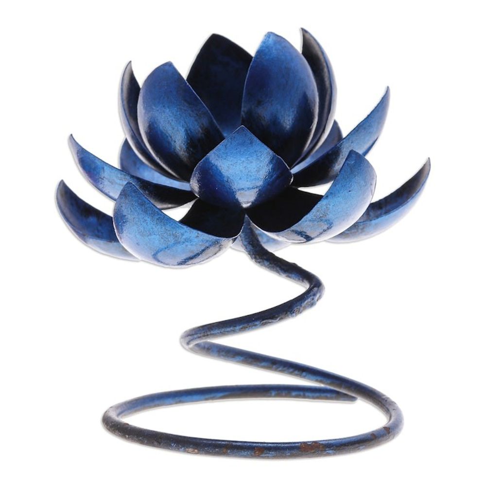 Handmade Steel Iron Lotus Flower Tealight Holder in Blue 'Lotus Flame in Blue'