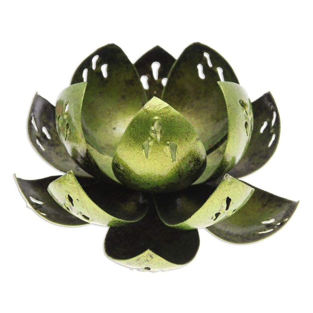 Handcrafted Light Green Steel Lotus Flower Tealight Holder 'Precious Lotus in Light Green'