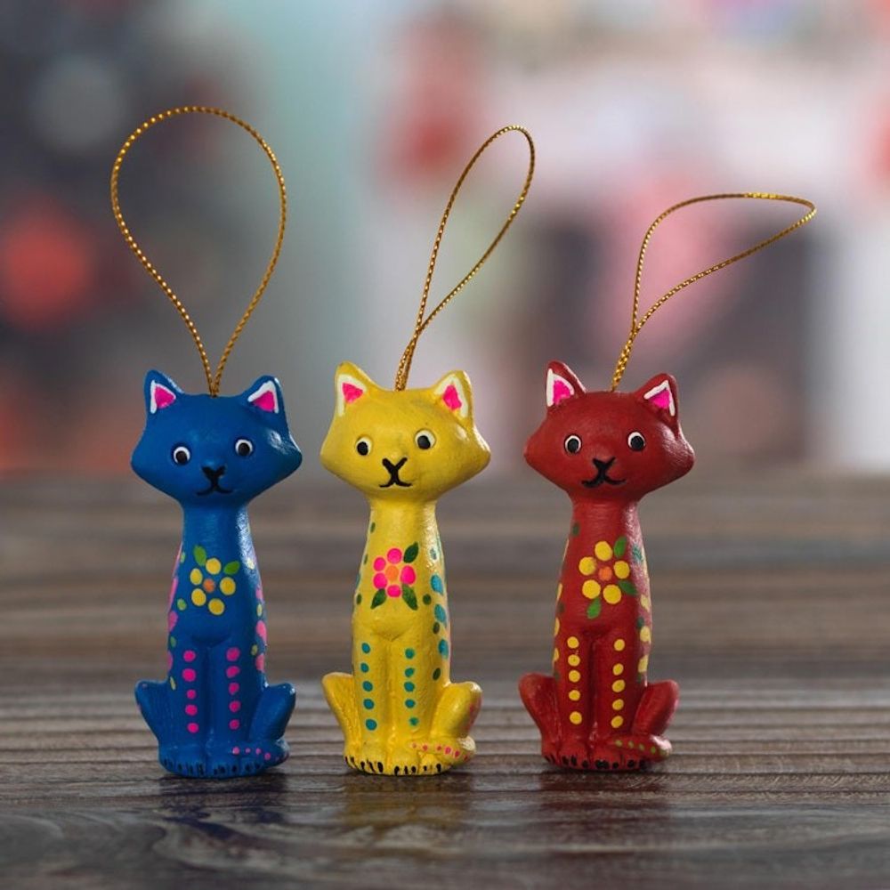 Hand Painted Cat Ornaments Set of 3 'Christmas Cats'